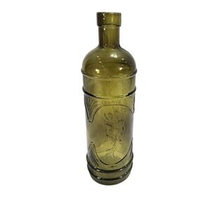 Vintage Olive Green Glass Bottle Embossed Olive Branch Design Decorative Carafe